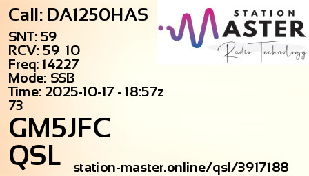 QSL Card for GM5JFC QSO with DA1250HAS