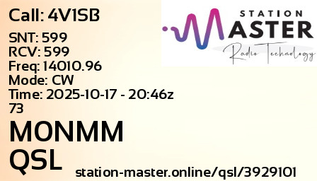 QSL Card for M0NMM QSO with 4V1SB