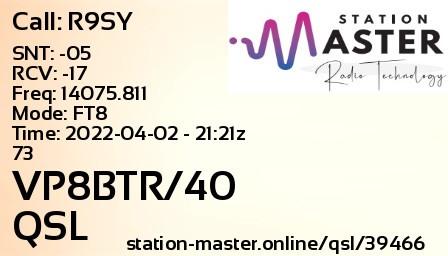 QSL Card for VP8BTR/40 QSO with R9SY