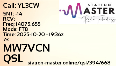 QSL Card for MW7VCN QSO with YL3CW