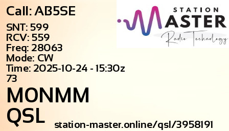 QSL Card for M0NMM QSO with AB5SE
