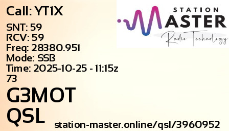 QSL Card for G3MOT QSO with YT1X