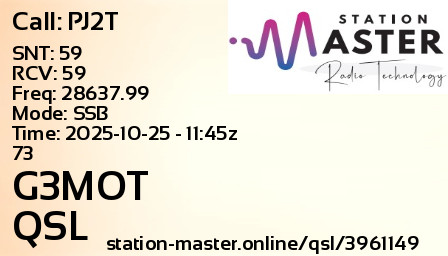 QSL Card for G3MOT QSO with PJ2T