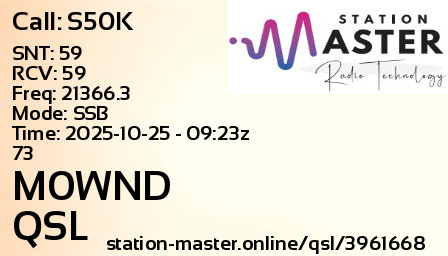 QSL Card for M0WND QSO with S50K