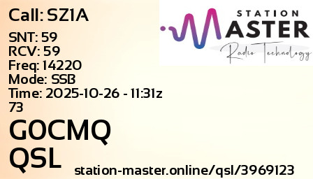QSL Card for G0CMQ QSO with SZ1A