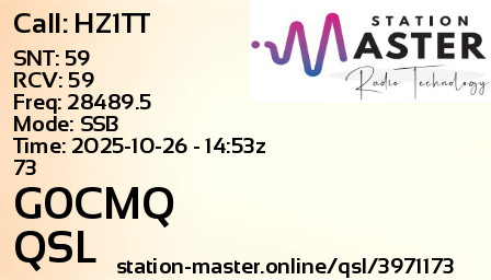 QSL Card for G0CMQ QSO with HZ1TT