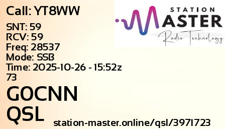 QSL Card for G0CNN QSO with YT8WW
