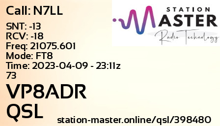 QSL Card for VP8ADR QSO with N7LL