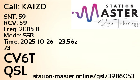 QSL Card for CV6T QSO with KA1ZD