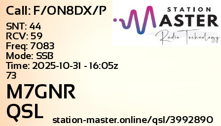 QSL Card for M7GNR QSO with F/ON8DX/P