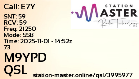 QSL Card for M9YPD QSO with E7Y