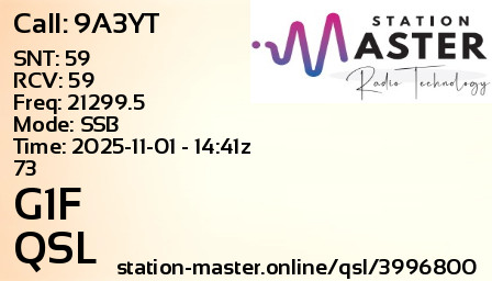 QSL Card for G1F QSO with 9A3YT