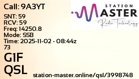 QSL Card for G1F QSO with 9A3YT