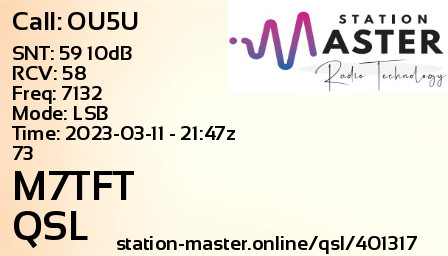 QSL Card for M7TFT QSO with OU5U