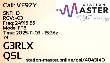 QSL Card for G3RLX QSO with VE9ZY