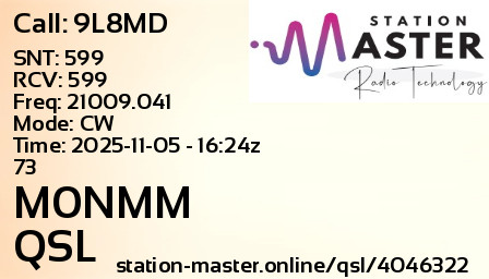 QSL Card for M0NMM QSO with 9L8MD