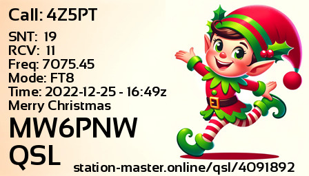 QSL Card for MW6PNW QSO with 4Z5PT