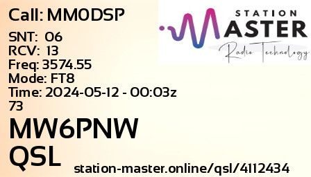 QSL Card for MW6PNW QSO with MM0DSP
