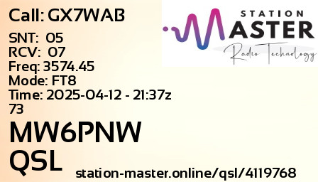 QSL Card for MW6PNW QSO with GX7WAB