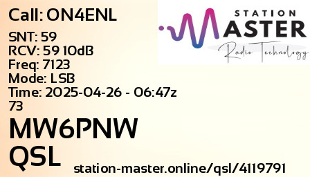 QSL Card for MW6PNW QSO with ON4ENL