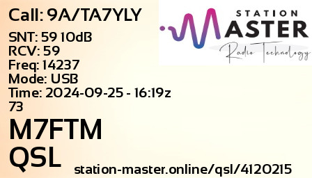 QSL Card for M7FTM QSO with 9A/TA7YLY