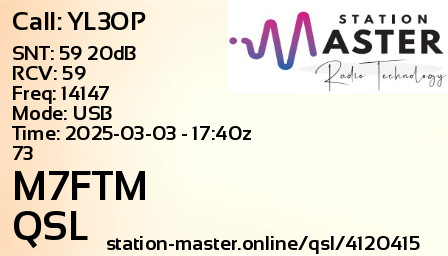 QSL Card for M7FTM QSO with YL3OP