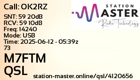 QSL Card for M7FTM QSO with OK2RZ
