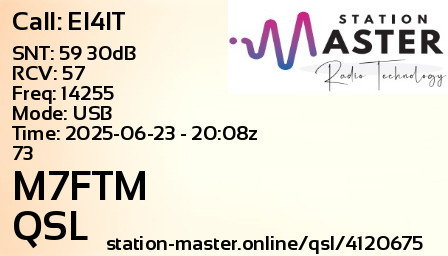 QSL Card for M7FTM QSO with EI4IT