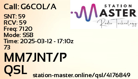 QSL Card for MM7JNT/P QSO with G6COL/A