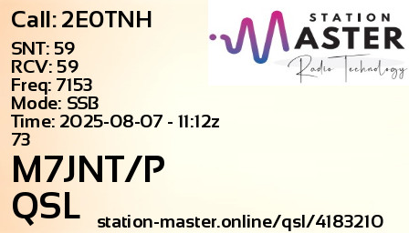 QSL Card for M7JNT/P QSO with 2E0TNH