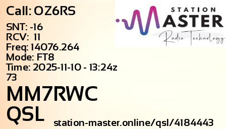 QSL Card for MM7RWC QSO with OZ6RS