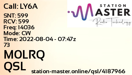 QSL Card for M0LRQ QSO with LY6A