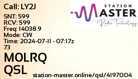 QSL Card for M0LRQ QSO with LY2J