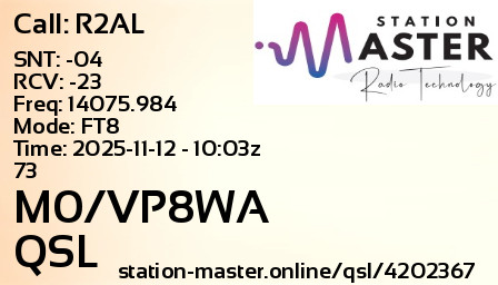 QSL Card for M0/VP8WA QSO with R2AL