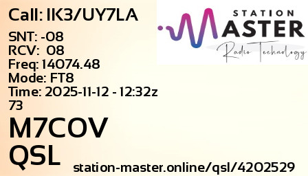 QSL Card for M7COV QSO with IK3/UY7LA