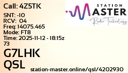 QSL Card for G7LHK QSO with 4Z5TK