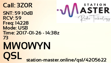 QSL Card for MW0WYN QSO with 3Z0R