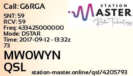 QSL Card for MW0WYN QSO with G6RGA