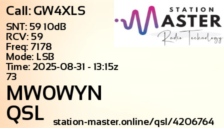 QSL Card for MW0WYN QSO with GW4XLS