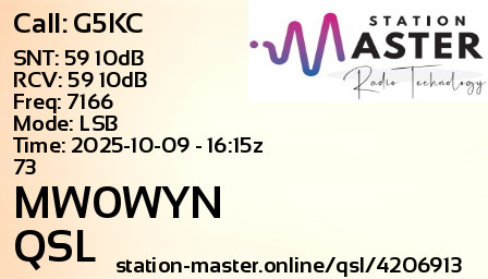 QSL Card for MW0WYN QSO with G5KC