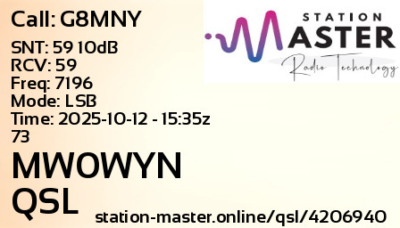 QSL Card for MW0WYN QSO with G8MNY
