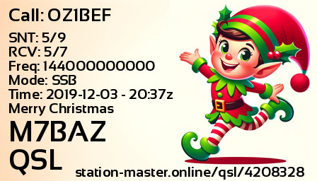 QSL Card for M7BAZ QSO with OZ1BEF