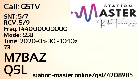 QSL Card for M7BAZ QSO with G5TV