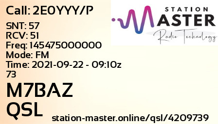 QSL Card for M7BAZ QSO with 2E0YYY/P