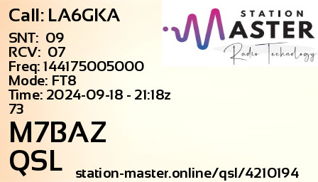 QSL Card for M7BAZ QSO with LA6GKA