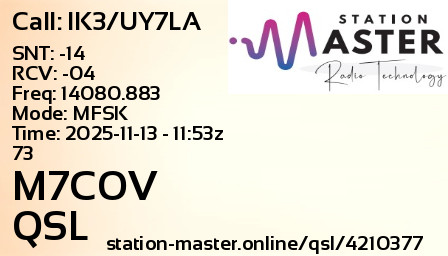 QSL Card for M7COV QSO with IK3/UY7LA