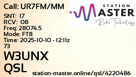 QSL Card for W3UNX QSO with UR7FM/MM