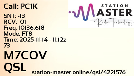 QSL Card for M7COV QSO with PC1K