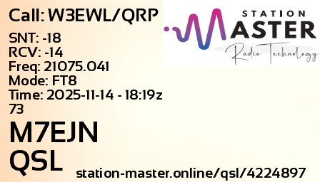 QSL Card for M7EJN QSO with W3EWL/QRP