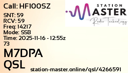 QSL Card for M7DPA QSO with HF100SZ